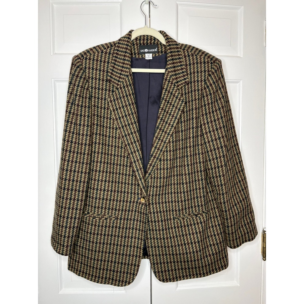 Sag Harbor Womens Brown Houndstooth‎ Single Button Blazer Jacket Size 16 Vintage